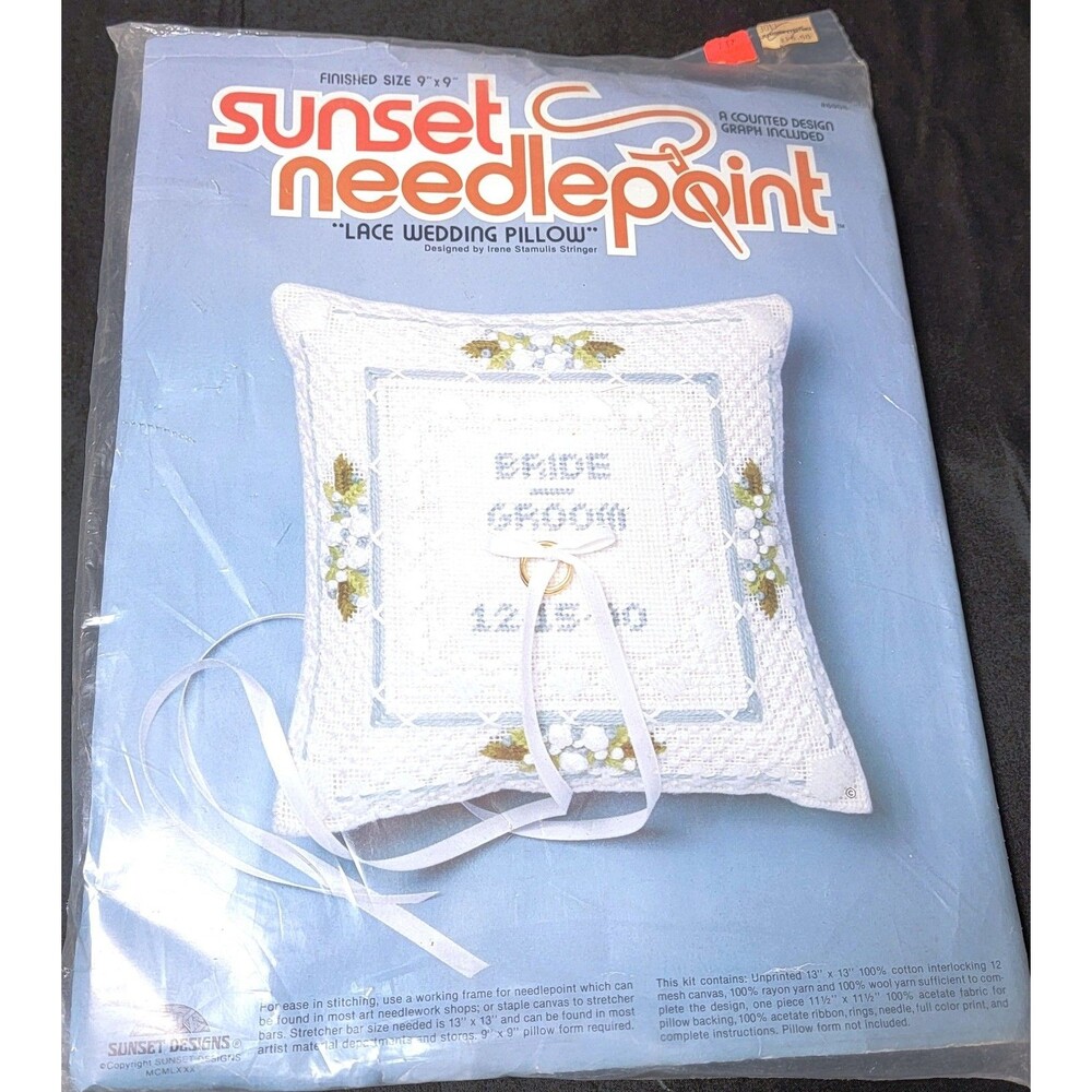 Vtg 1980 Sunset Designs 9x9" Needlepoint Kit #6908 LACE WEDDING PILLOW w/ Rings